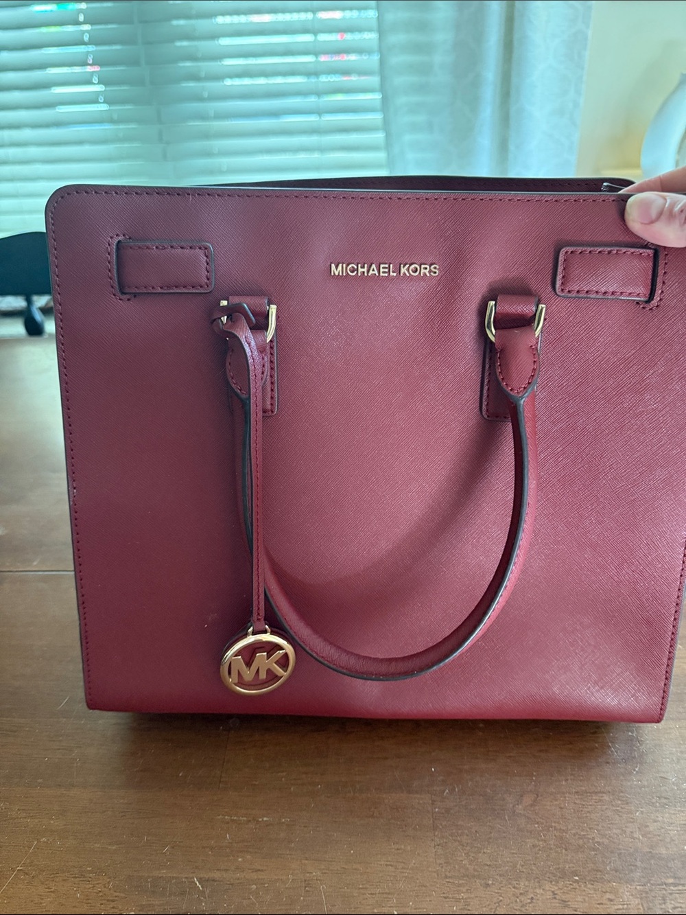 Michael Kors Burgundy Saffiano Leather Satchel with Gold MK Charm